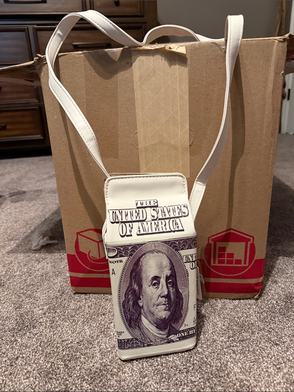 White Novelty Money-Print Crossbody Phone Bag